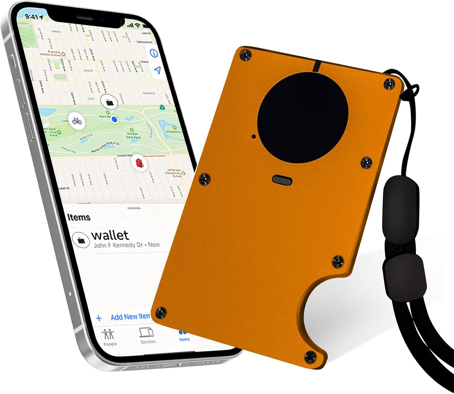 Wallet Finder Card, Bluetooth Tracker, Item Locator Key Finder for Keys, Phones, Luggage, Works with Apple Find My (iOS Only) Slim Smart Bluetooth Tracking with Key Chain Hole (Orange)