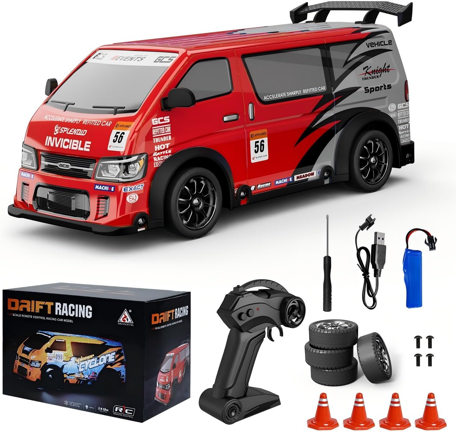 JDM RC DRIFT CAR 1:24 scale 4WD remote control vehicle with LED lights and USB rechargeable battery, ideal gift for boys and adults