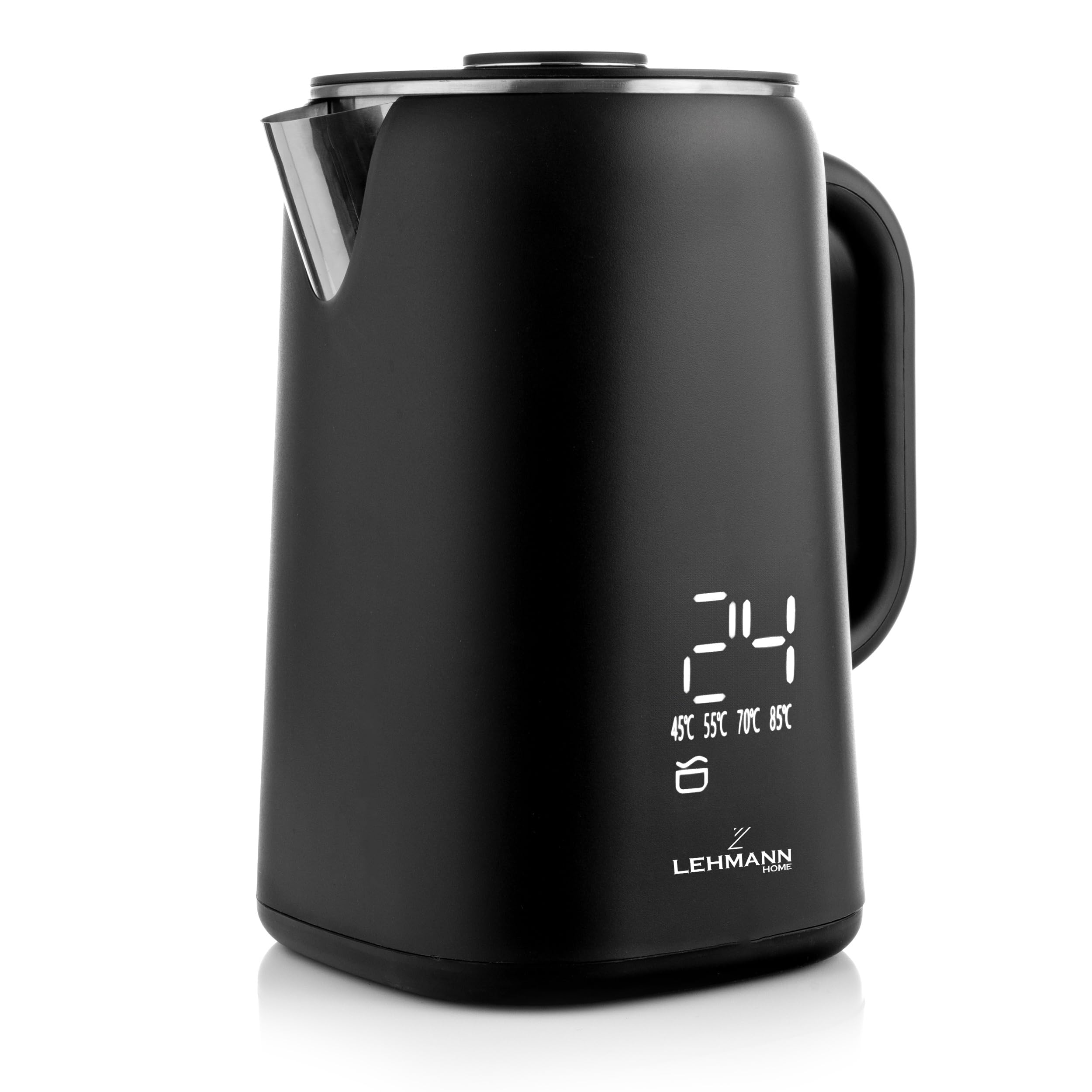 LEHMANN Bollitore Elettrico con Temperatura Regolabile 45-100°C, Capacità 1,7 L, Interno in Acciaio Inox senza BPA, Base Girevole 360°, Doppia Parete, Display Touch, per Famiglia e Ufficio, Nero