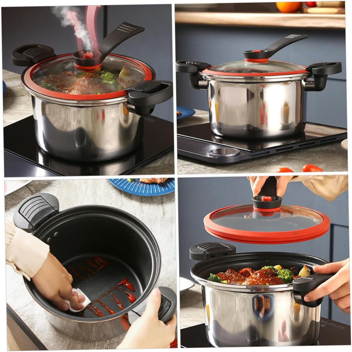 Stainless Steel Micro Pressure Cooker Slow Cooking Pot with Double Heat-resistant Handles for Steaming Braising Stewing Soup Household Use