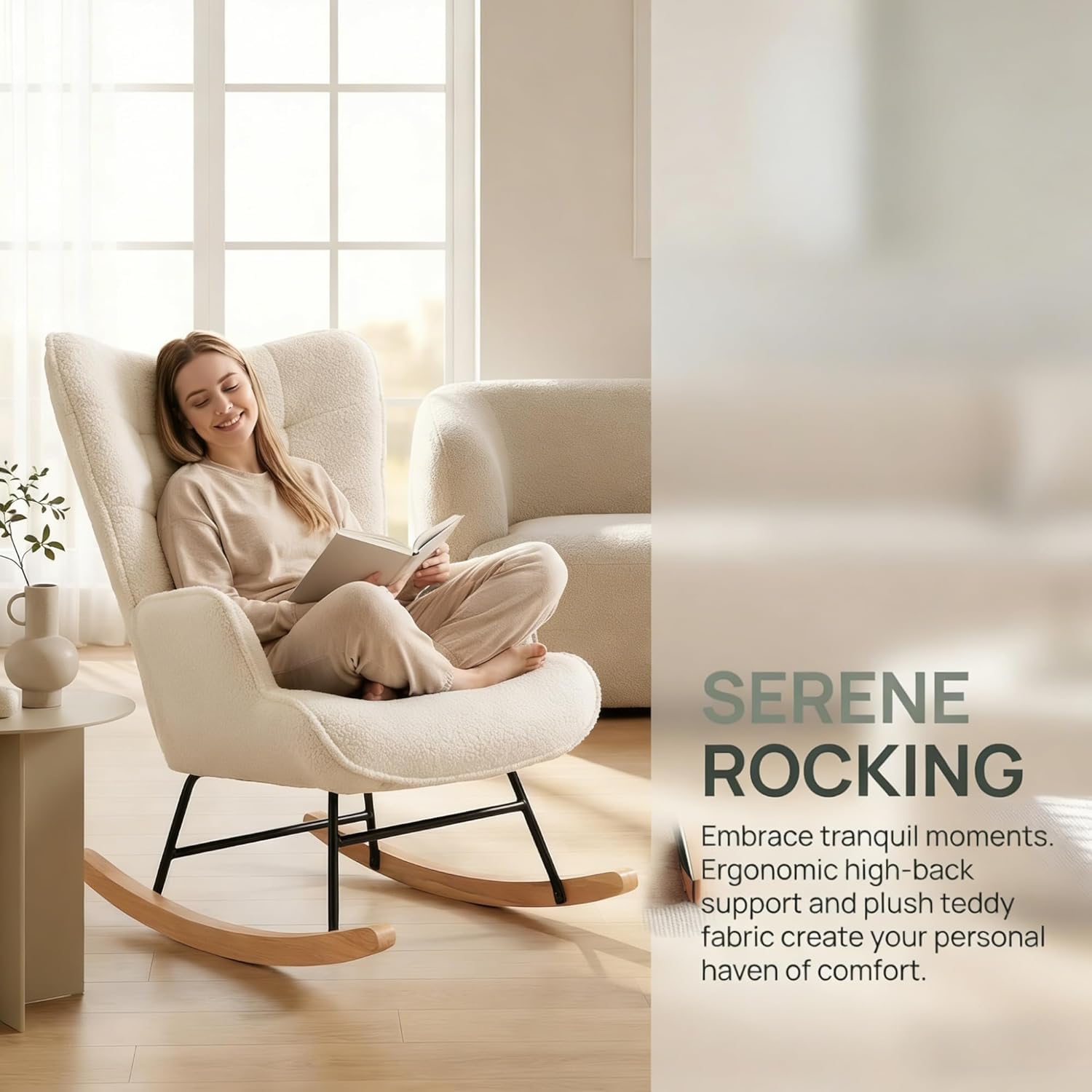 LONELYO Fauteuil à Bascule, Rocking Chair en Tissu Teddy Beige, Fauteuil de Salon avec Assise Rembourrée, Dossier Carré avec Accoudoirs Confortables, Idéal pour Salon et Chambre, Coin Lecture