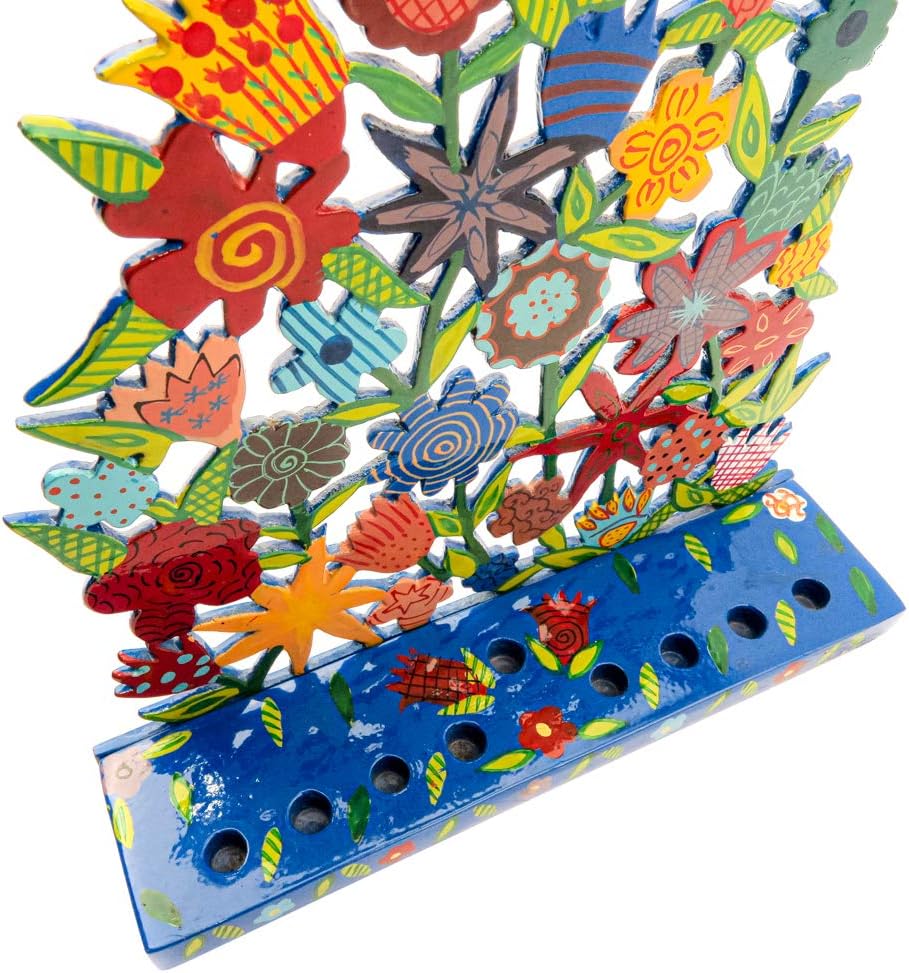 Yair Emanuel Floral Pattern Menorah in Bright Colors in Painted Metal