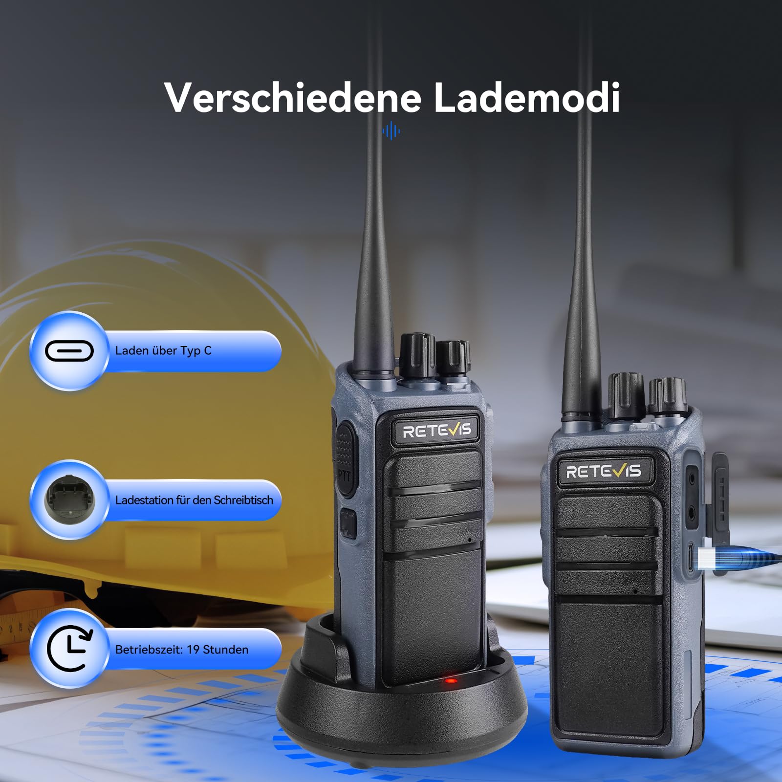 Retevis C64 Funkgeräte Dualband, Professionelles Walkie Talkie Intelligente Spracherkennungs, 2500 mAh, Rauschunterdrückung, Handfunkgerät mit Headset für Restaurants, Hotels (Schwarz, 4 Stück)