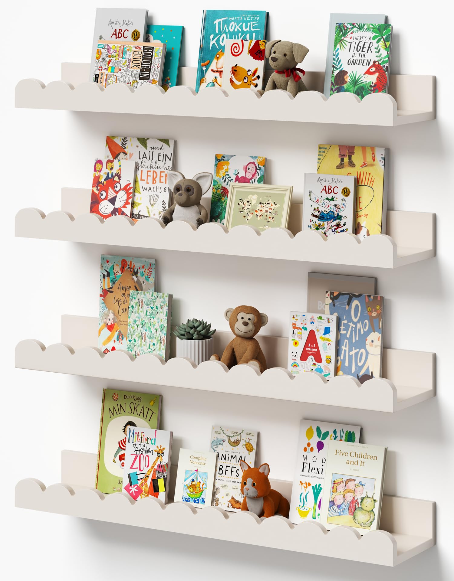 Gieanoo Floating Bookshelf, Scalloped Nursery Book Shelves set of 4 Solid Pine Wood Toddler Room Decor Wall Mounted Bookshelves for Bedroom Kids, Toddler Room, Baby Room(White,40cm)