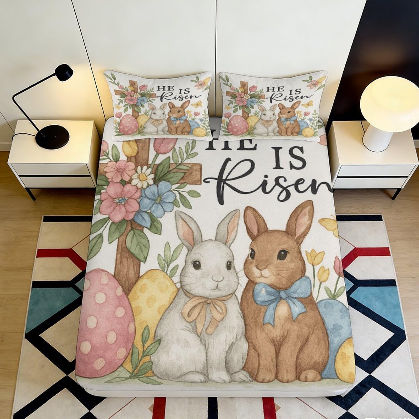 3D Printed Easter Bunny Floral Fitted Sheet Microfiber Deep Pocket Non-Slip Easter Mattress Fitted Cover for Bedroom 180x200x25cm