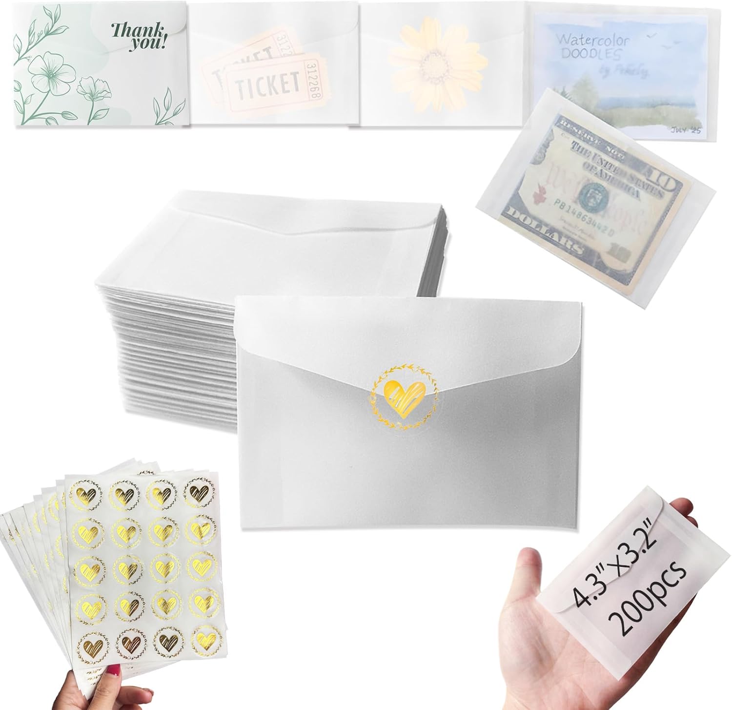 200 PCS Glassine Envelopes 4.3 × 3.2 Inches, Translucent Vellum Envelopes with 200 Heart Sealing Stickers for Wedding Favors, Lottery Tickets, Coins, Stamps, Card Collecting and Craft Projects