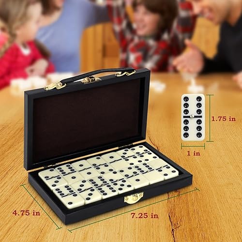 Miniatura 5 de Juego de dominó Double Six en caja de madera, juego educativo clásico de 28 piezas de azulejos de mesa para adultos y niños, apto para viajes,