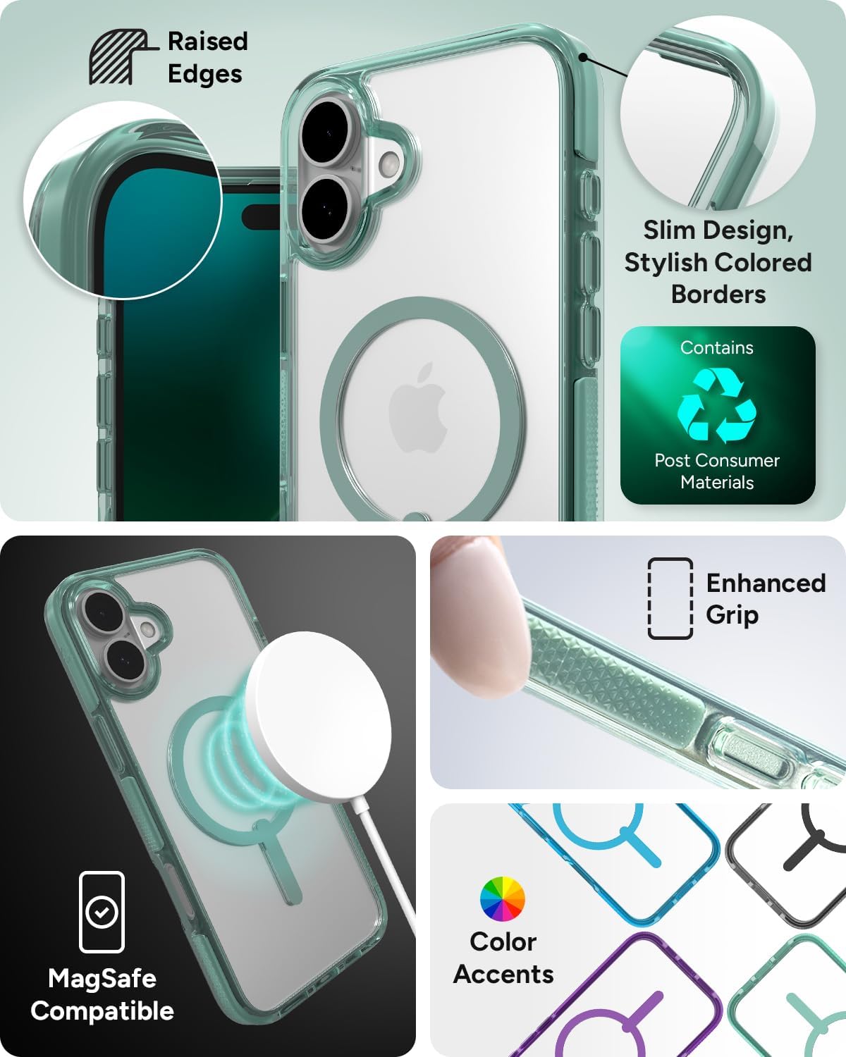 ZAGG Santa Cruz Snap Case for iPhone 16 Plus Case – MagSafe Compatible, 13ft Military-Grade Drop Protection, Graphene Reinforced, Lightweight, 70% Recycled Content, Clear with Color Accents, Green