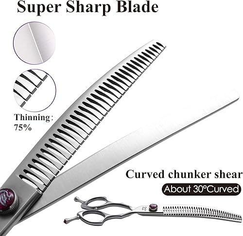 Miniatura 4 de Fenice Peak Tijeras curvadas de aseo para perros de 7.5 pulgadas con tornillo intermitente morado, tijeras profesionales de acero inoxidable 440C