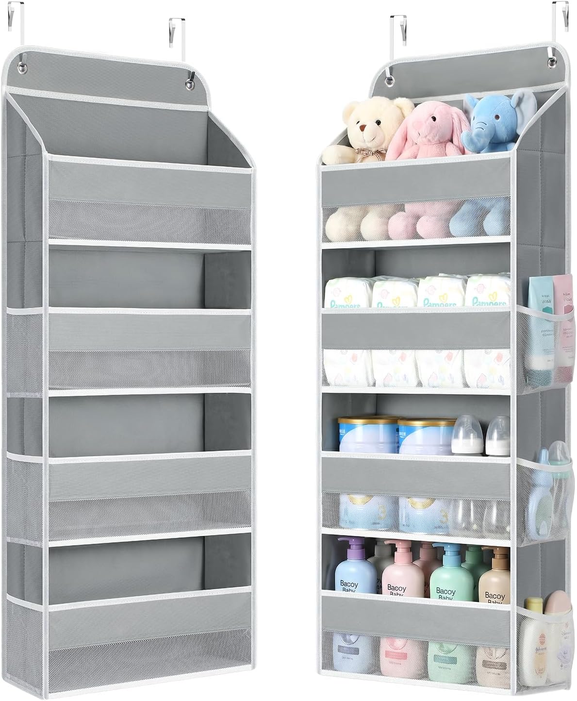 Yecaye Over the Door Organizer, Stuffed Animal Storage, Bathroom Organizers and Storage for Nursery Newborn Baby Essentials Stuff Dorm Room, Widen by 7cm, Deepen by 3cm, Grey 4 Tier Extra-Large