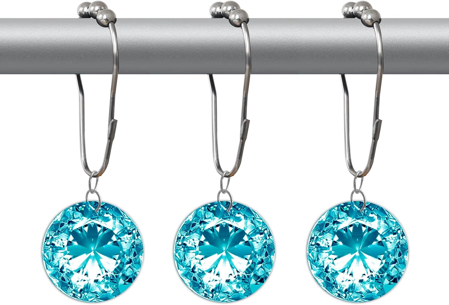 Crystal Shower Curtain Hooks Decorative Clear Bling Rings Cute Girly Glitter Luxury Elegant White Rhinestones Diamond Bathroom Accessories Rust Resistant 12 Pack (Teal)