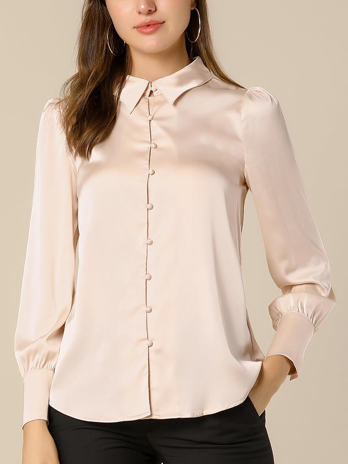 Allegra K Women's Satin Blouse Puff Long Sleeve Collared Button Down Shirt Dressy Office Work Tops Business Casual - Image 2