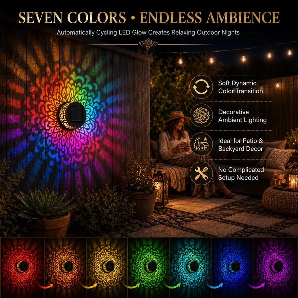 Luces solares de pared de mandala, lámpara de pared exterior solares con 7 colores cambiantes, luz de valla de metal impermeable para patio, jardín, patio trasero (4pcs)