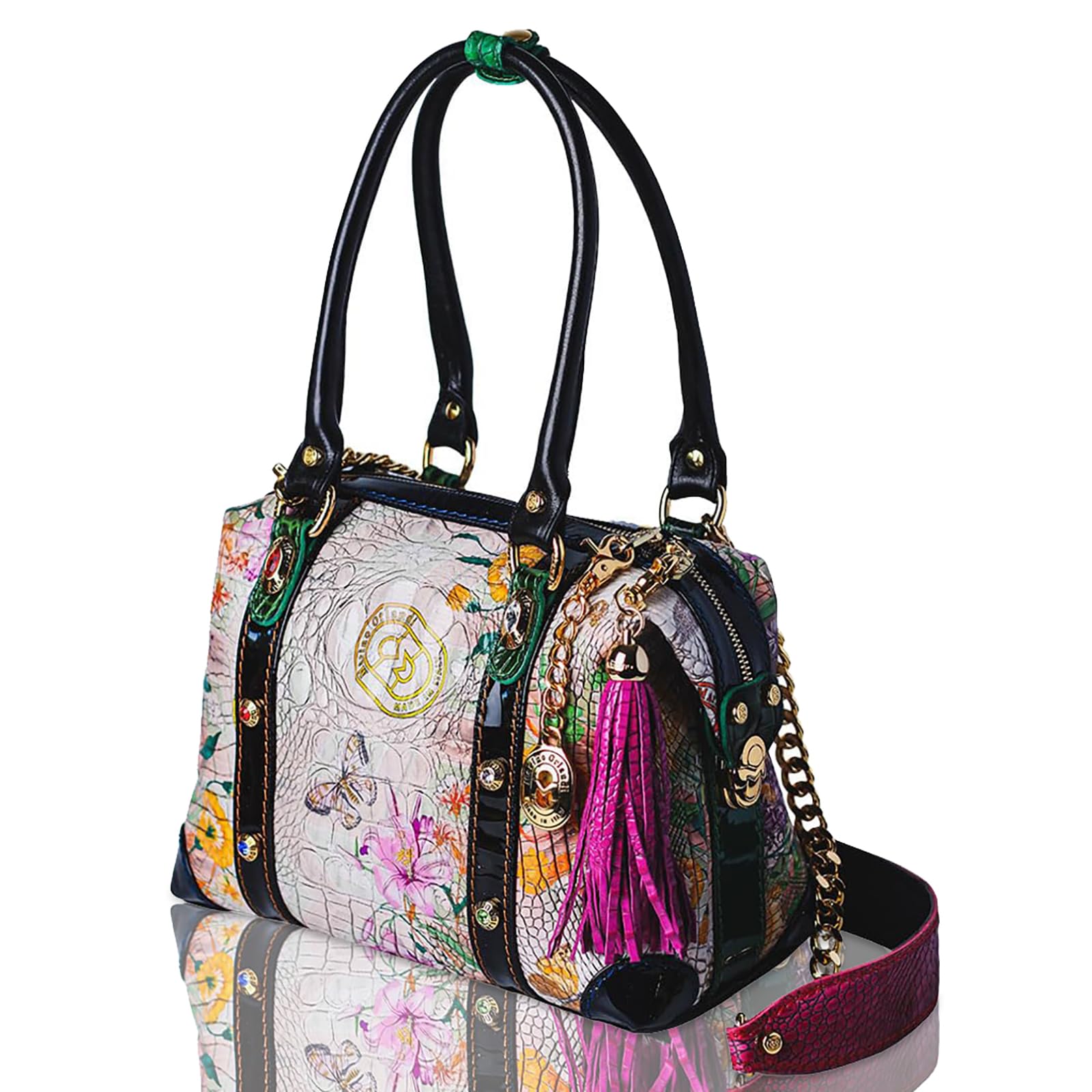 Marino Orlandi Leather Handbags Purses for Women Rose Quartz Paisley Floral Tote Boxy Croc Embossed Italian Designer Bag