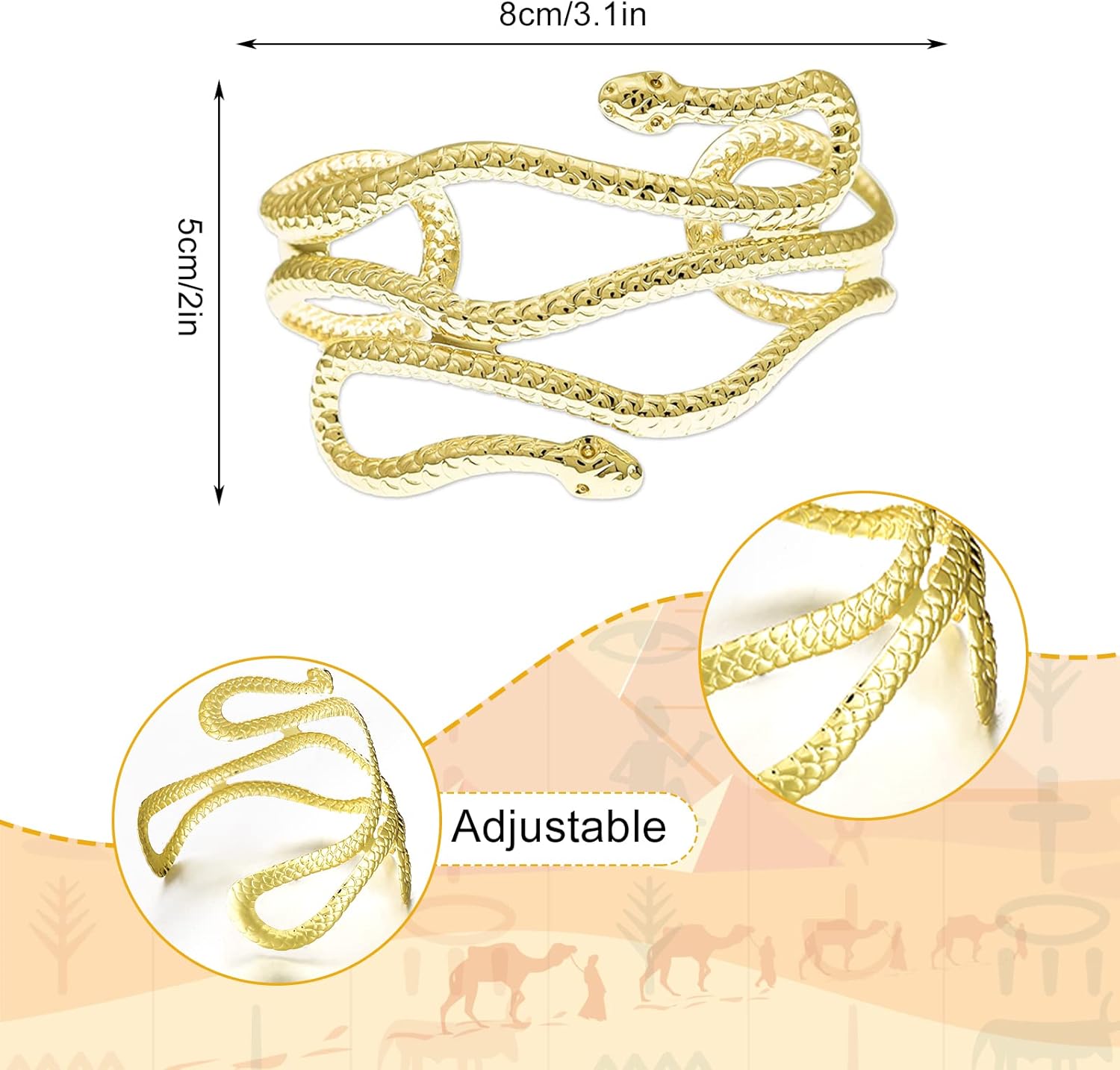 Sureio 4 Pieces Halloween Cleopatra Costume Women Egyptian Headpiece Accessories Egyptian Tassel Rhinestone Headpiece Snake Arm Cuff Gold Finger Ring and Hand Chain Bracelet - Image 3