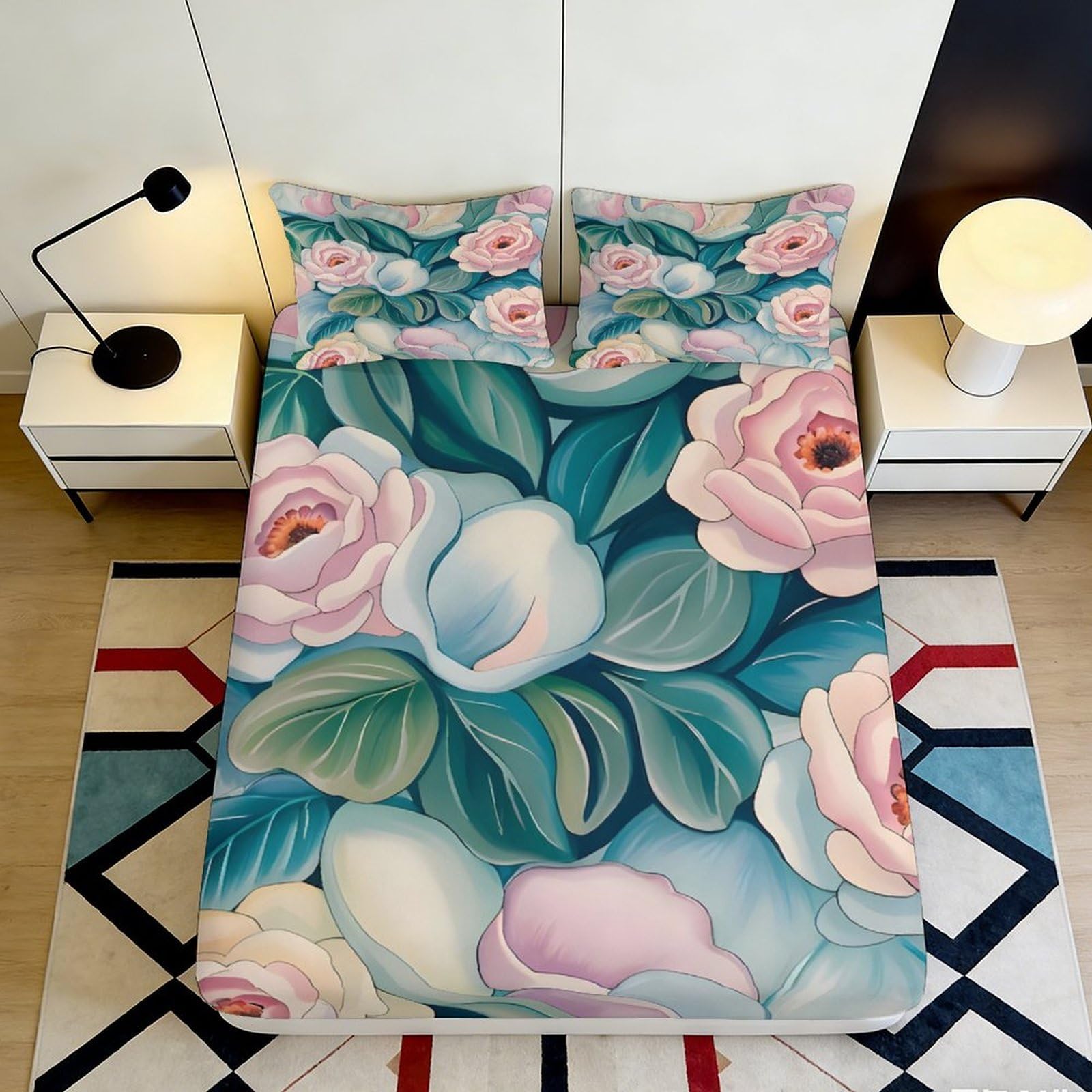 3D Printed Peony Blossom Fitted Sheet Microfiber Pink Floral Mattress Cover for Bedroom Guest Room Easy Care Decor 90x200x25cm