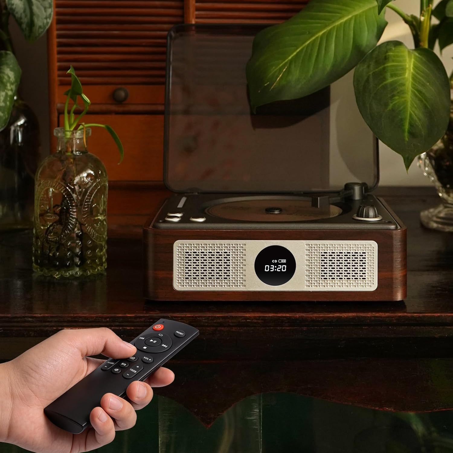 Y11 Retro CD Player with Bluetooth, Portable Desktop CD Player for Home with Dual HiFi Speakers & Remote Control, USB/AUX/SPDIF Output, Brown