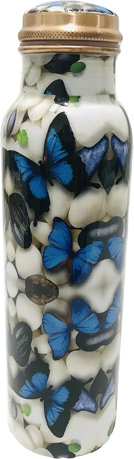 Blue Butterfly Copper Water Bottle 34 Oz ,Joint Free-Ayurveda Health For Travelling Purpose Copper Vessel for Drinking Water Bottle , Yoga Christmas Gift Birthday Gift - Capacity 1000 Ml