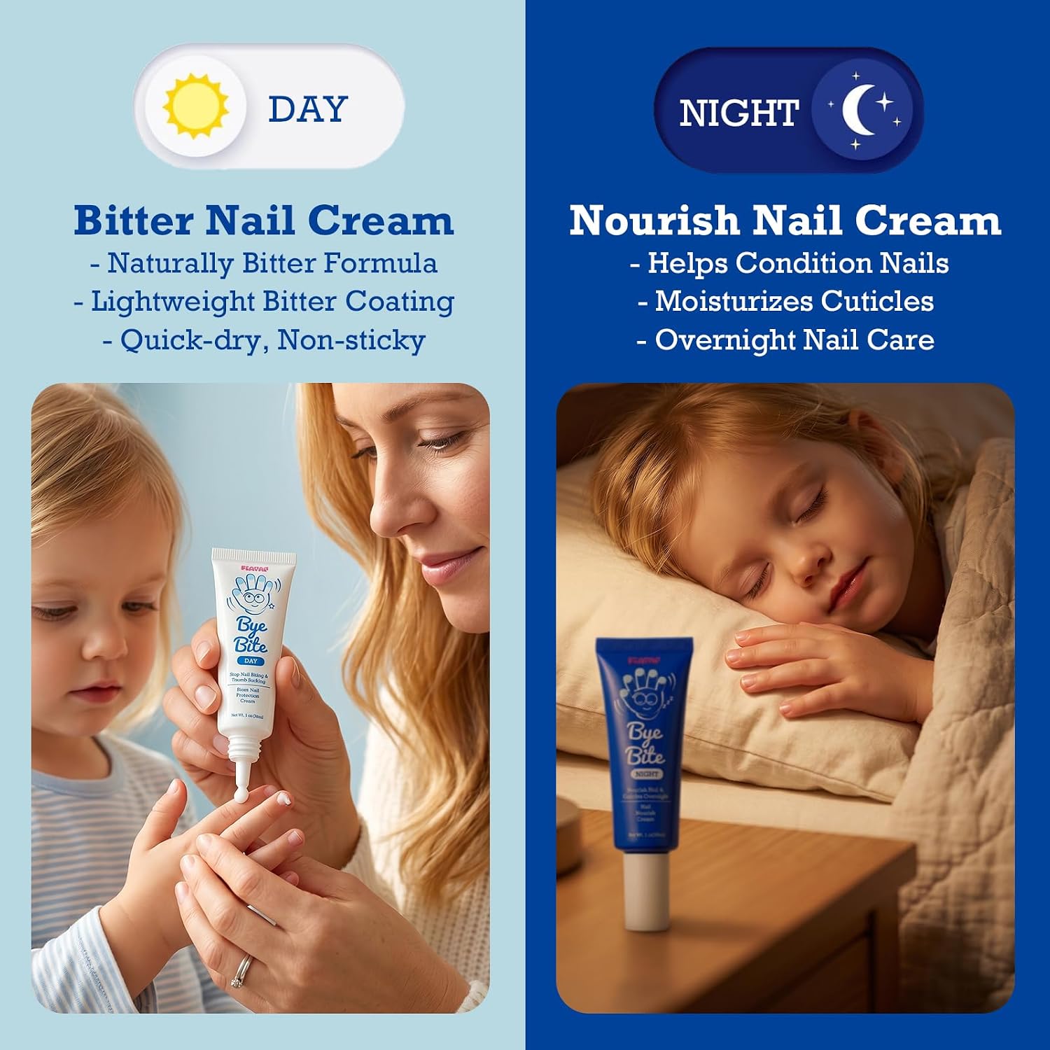 ByeBite Nail Biting & Thumb Sucking Deterrent, Day & Night Duo, 2 x 1 Fl Oz | Daytime Bitter Nail Protection Cream & Nightime Nail Nourishing Cream for Kids and Adults, Botanical-based Bitter Formula