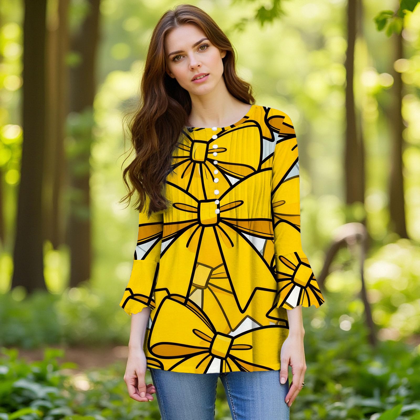 Camicetta a tunica da donna con motivo a fiocco, maniche a 3/4, scollo a V, plissettata sul davanti, vestibilità ampia, estiva, vintage, camicia casual