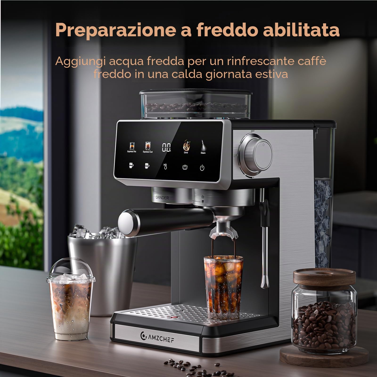 AMZCHEF macchina caffè con macinino, macchina da caffè espresso 20 bar per casa con montalatte, 3 livelli di temperatura, 20 impostazioni di macinatura, display touch