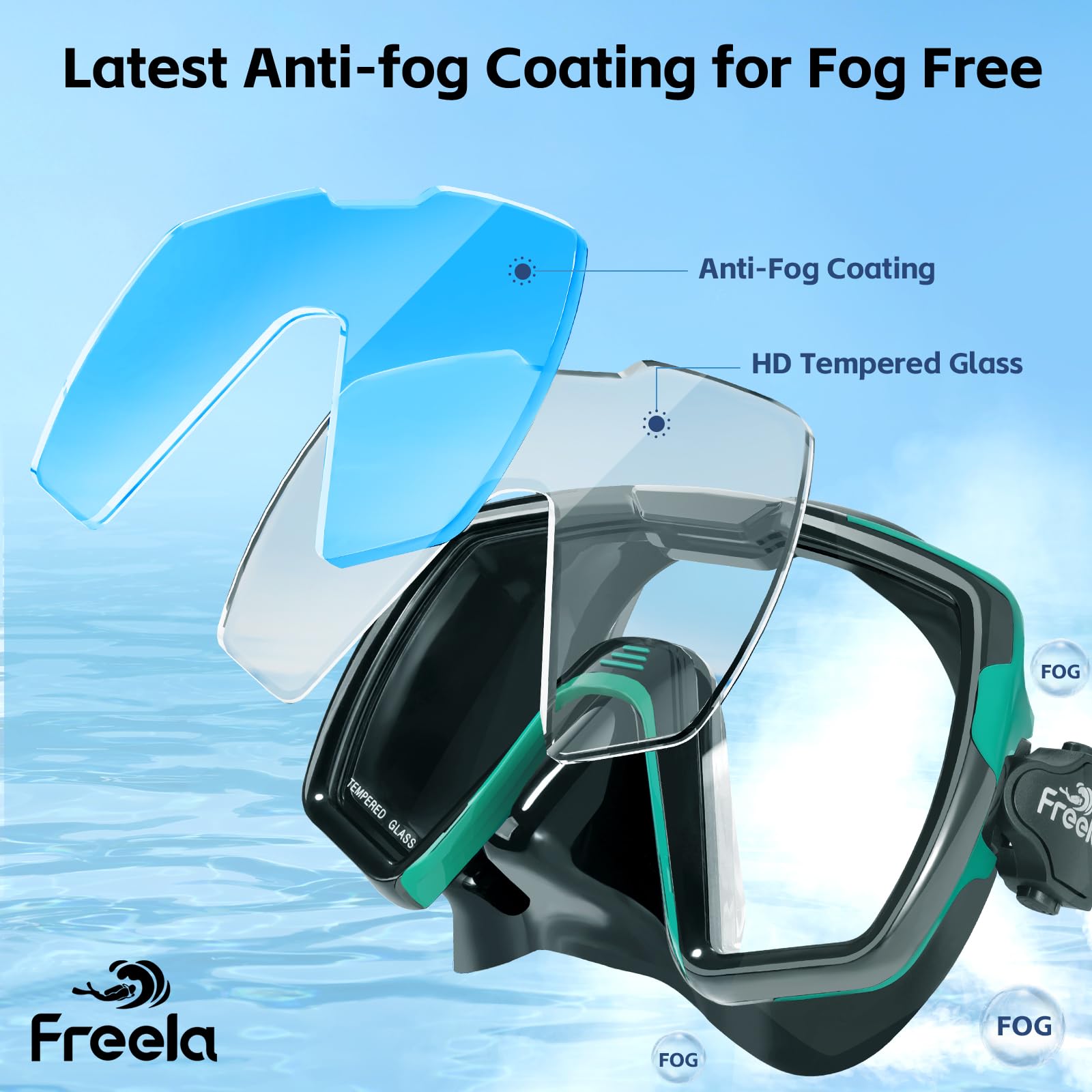 Freela Maschera da nuoto per adulti con copertura per il naso, in vetro temperato, anti appannamento, impermeabile, 180°, trasparente, ampia visuale, uomini e donne