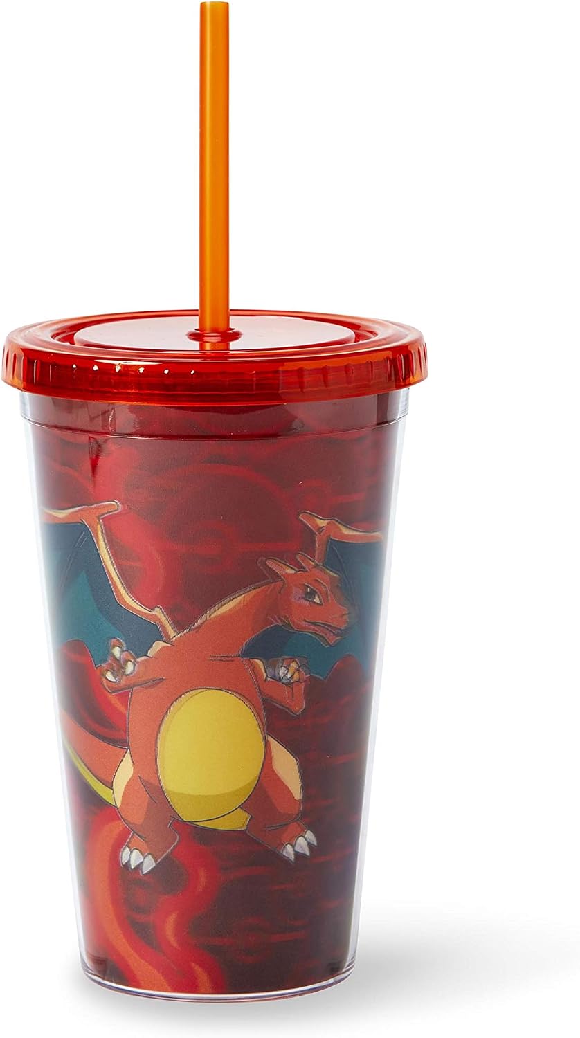 JUST FUNKY Pokémon Charizard Lenticular Plastic Carnival Cup Lid & Straw | Double-Insulated Tumbler Cup Perfect For Pokémon Trainers & Fans | Holds 16 Ounces