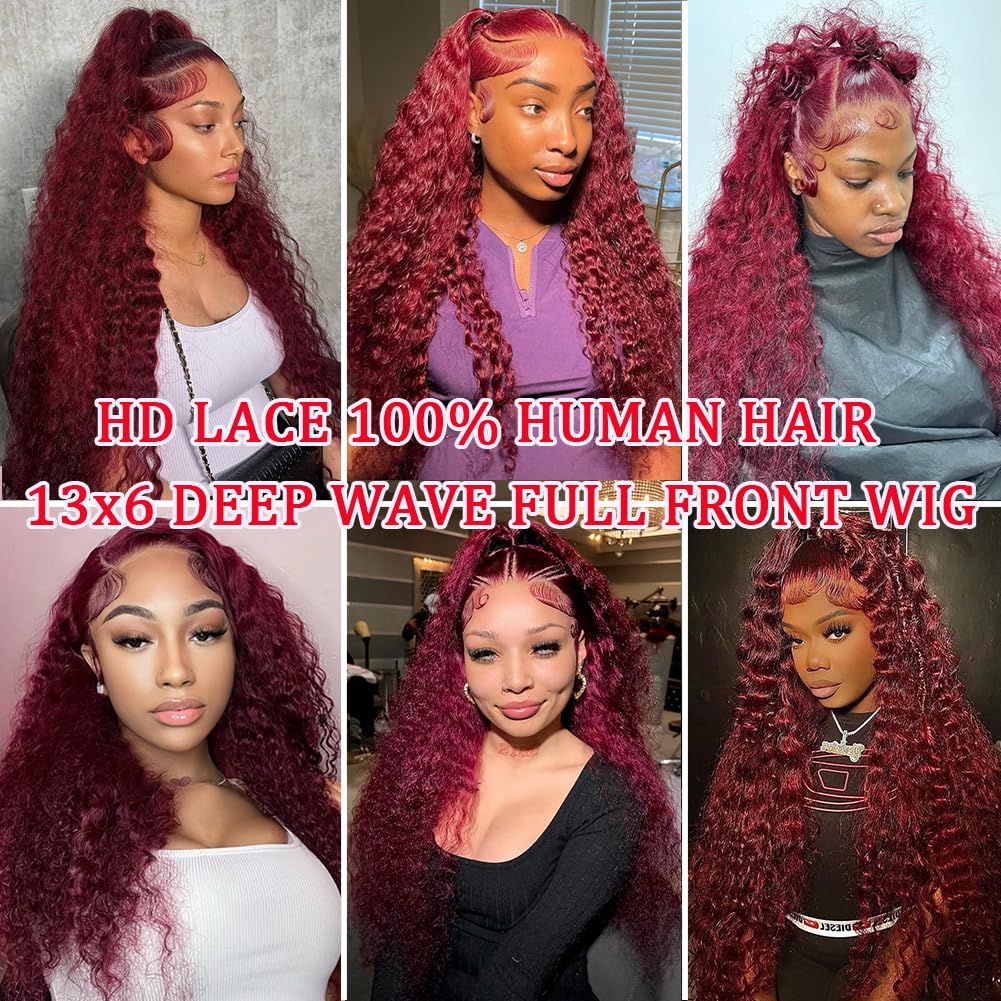 34 Inch 13x6 Burgundy Lace Front Wigs Human Hair Deep Wave Red Frontal Deep Wave HD Lace Front Wigs Human Hair Red Burgundy Wet Wavy 200 Density - Image 6