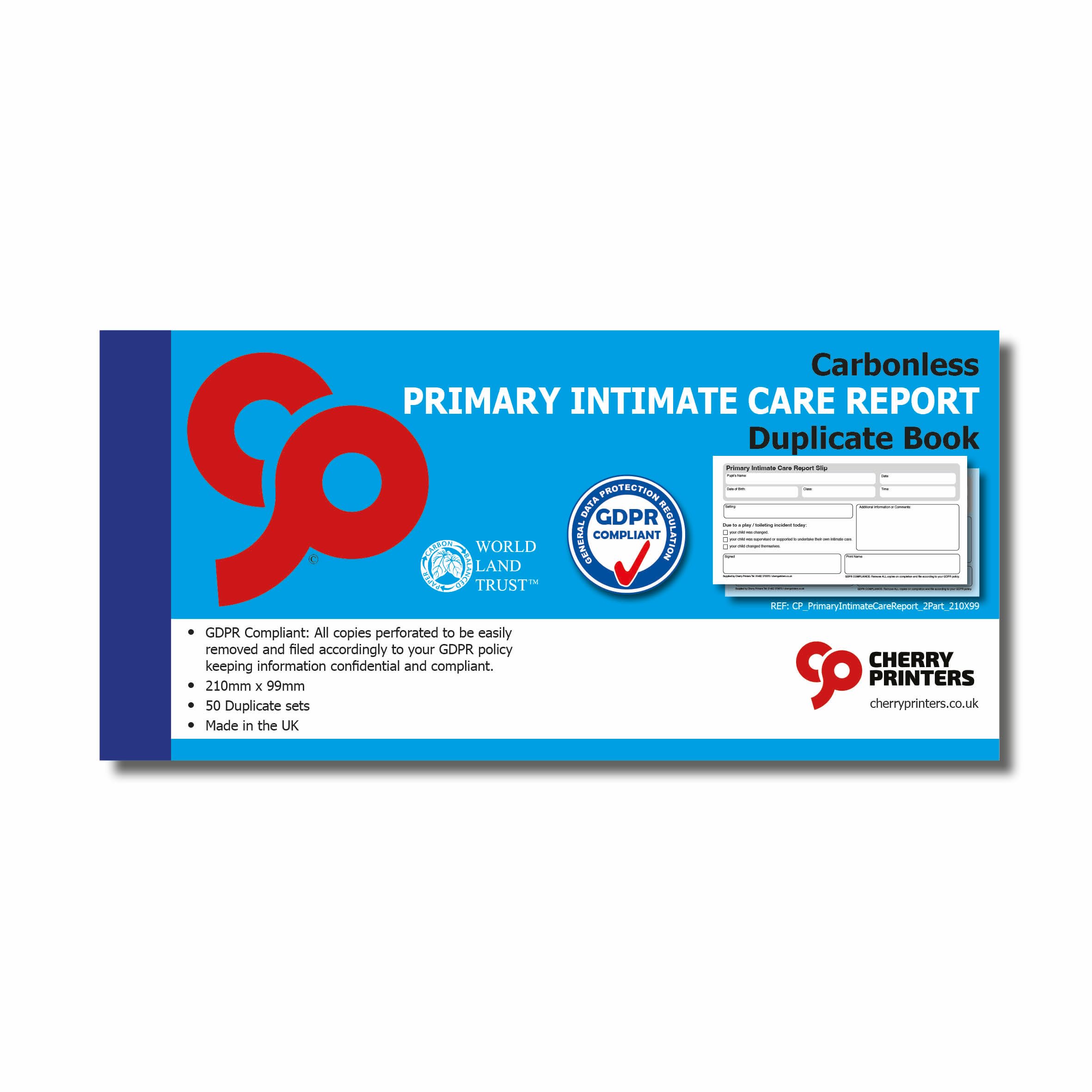 Cherry Printers Primary Intimate Care Report Duplicate Book, GDPR Compliant, 50 Carbonless Sets, 210mm x 99mm, 2 Part NCR, Confidential Record Keeping for Schools, Made in the UK