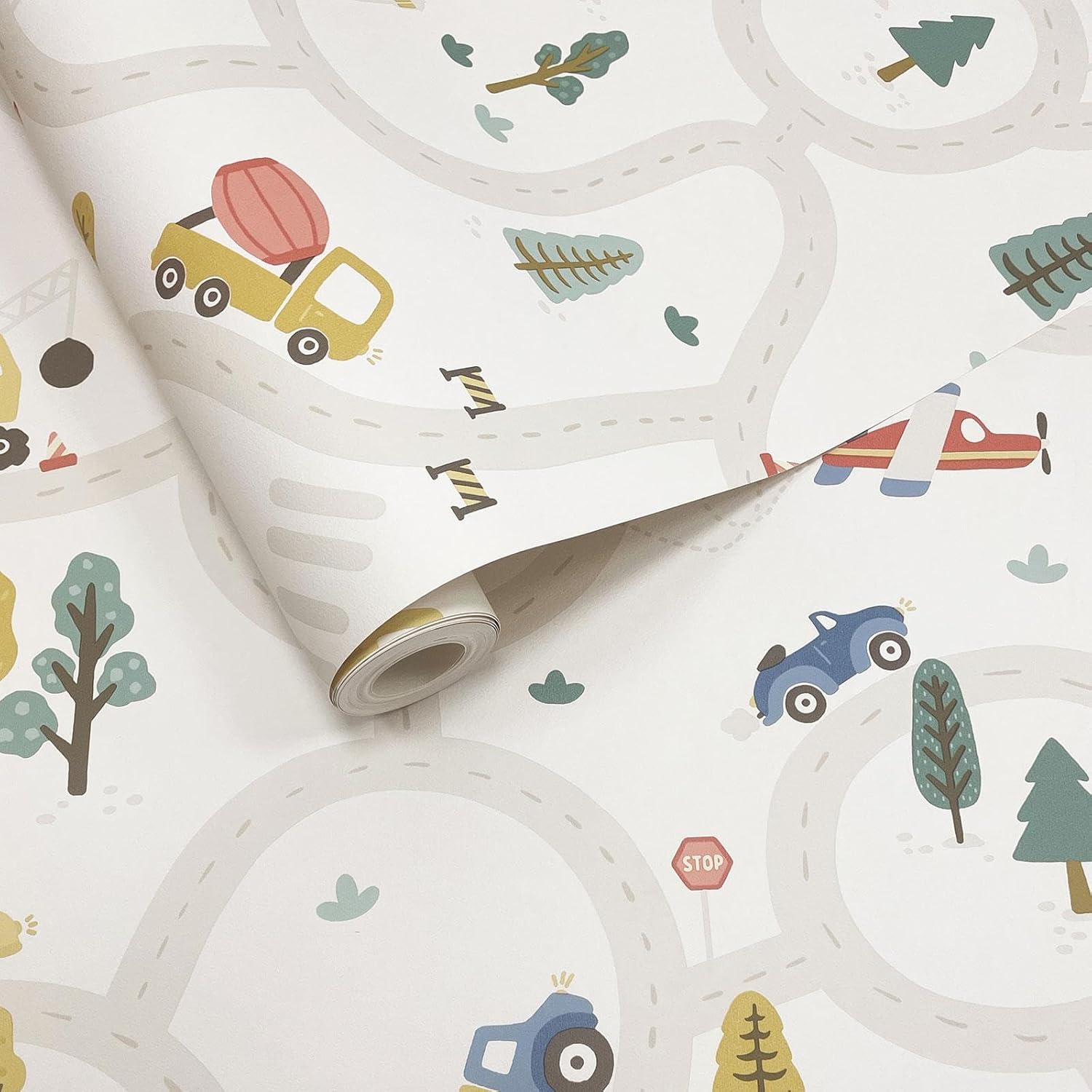 Holden Storybook Roundabout Road Fun Vehicle and Traffic Themed Wallpaper with Cars, Trucks, Helicopters, Diggers for a Playful Boys Bedroom Wall Cream/Multi (14080)