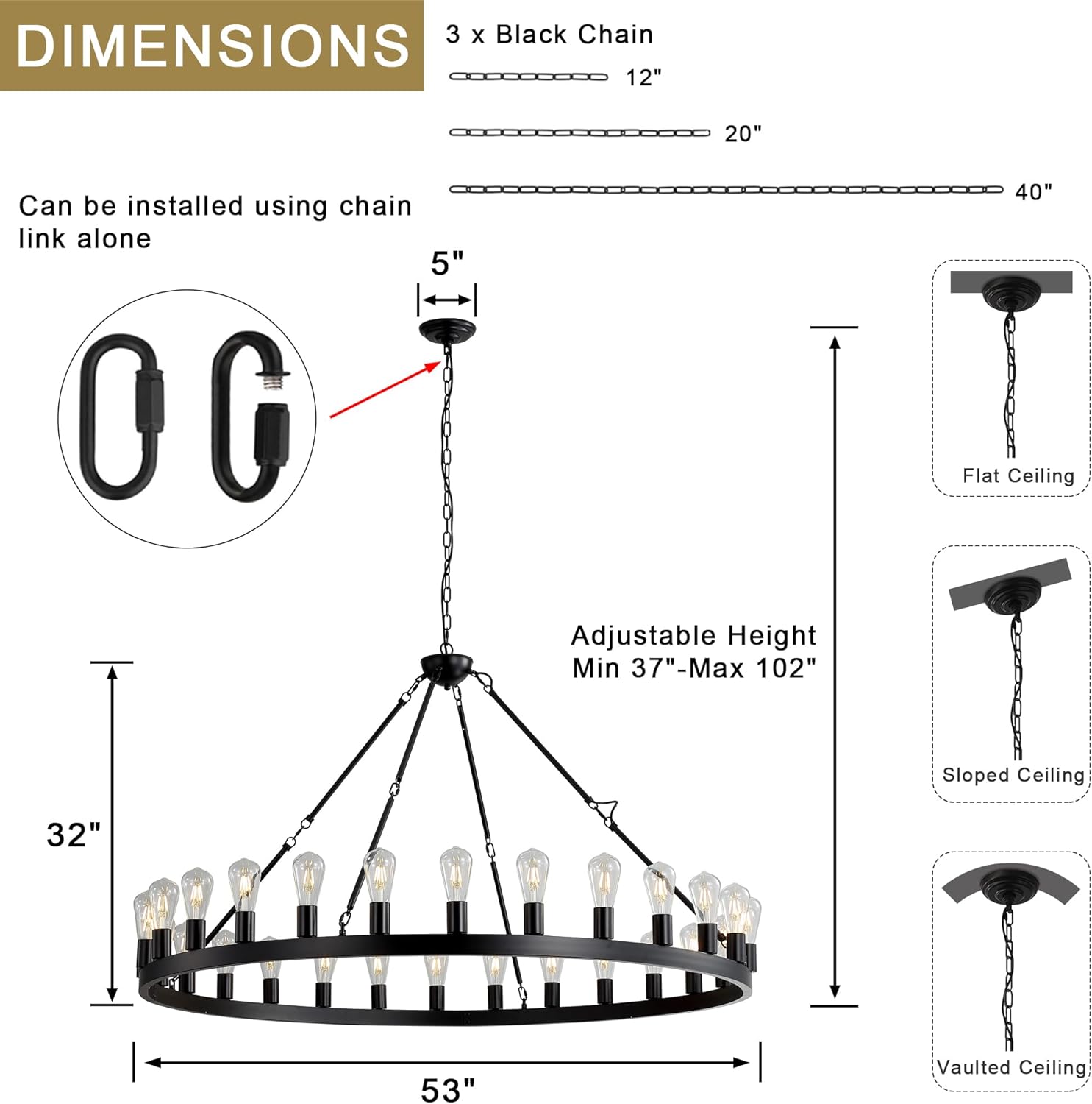 53" Black Wagon Wheel Chandelier, 28-Light Extra Large Round Farmhouse Ceiling Hanging Pendant Light for Dining Room, Living Room, Kitchen Island, Foyer, Entryway
