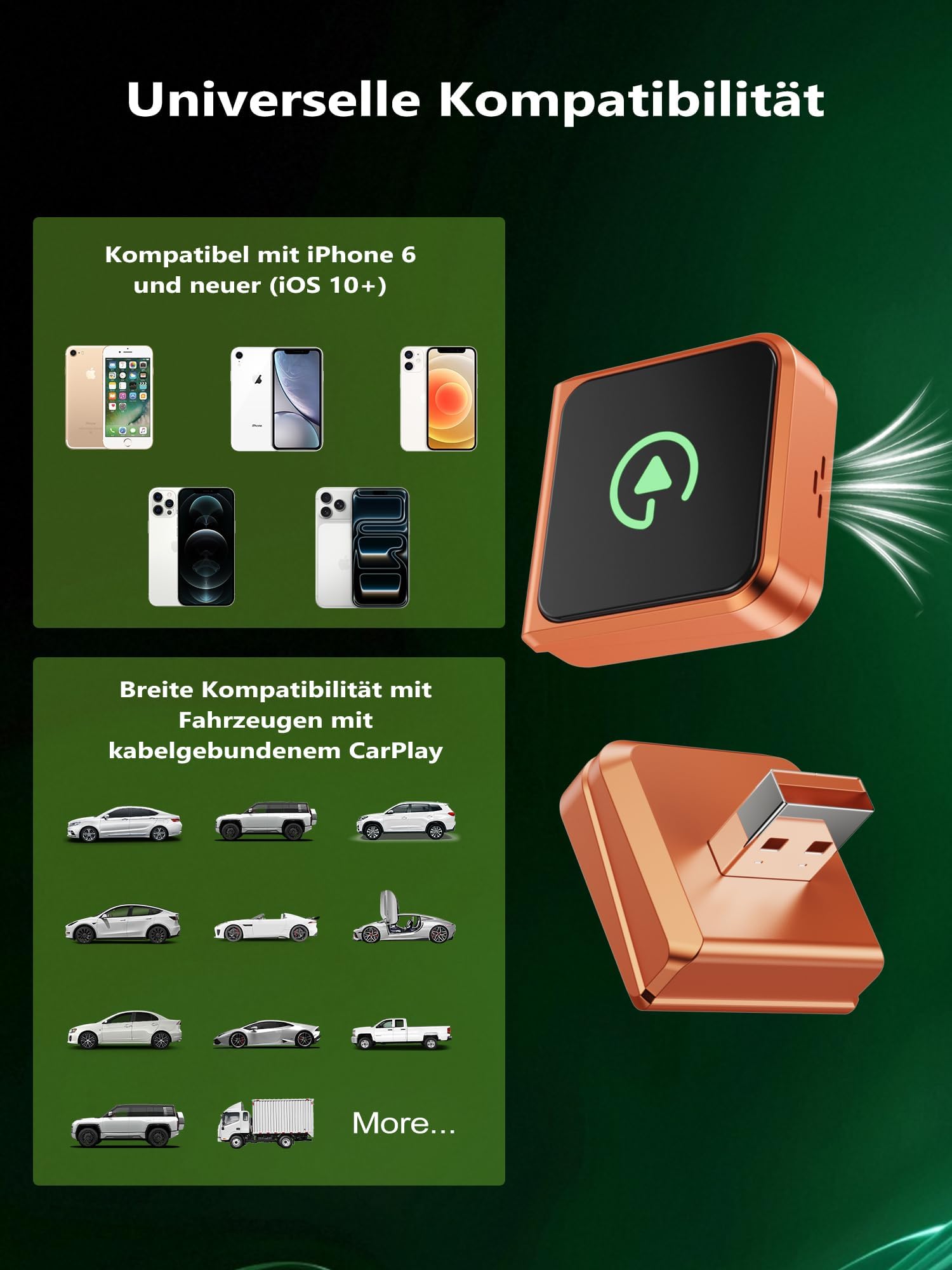 Adapter CarPlay bezprzewodowy USB: CarPlay i Android Auto bezprzewodowy, Plug & Play, automatyczne ponowne łączenie, niska latencja, kompatybilny z iPhone iOS 10+ i smartfonami Android, samochody