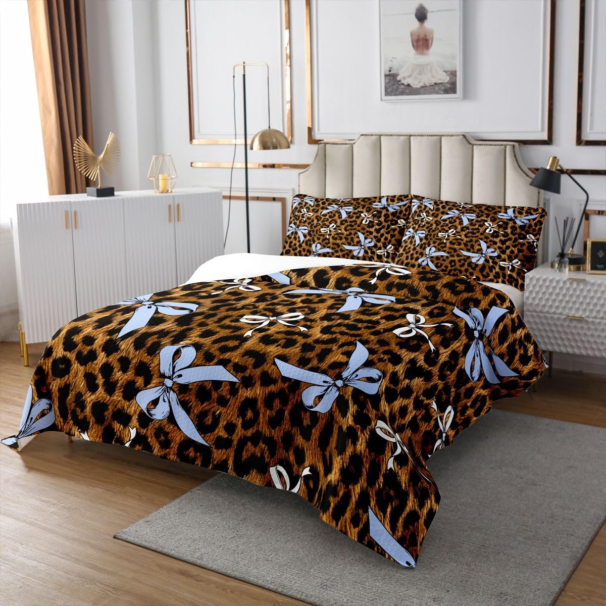 Coquette Bow Quilt Sets Twin Size,Brown Black Leopard Print Bedspread Coverlet 2Pcs for Kids Girls Boys Room Decor,Blue White Bowknot Quilts Set Modern Fashion Bedding Comforter,1 Pillowcase