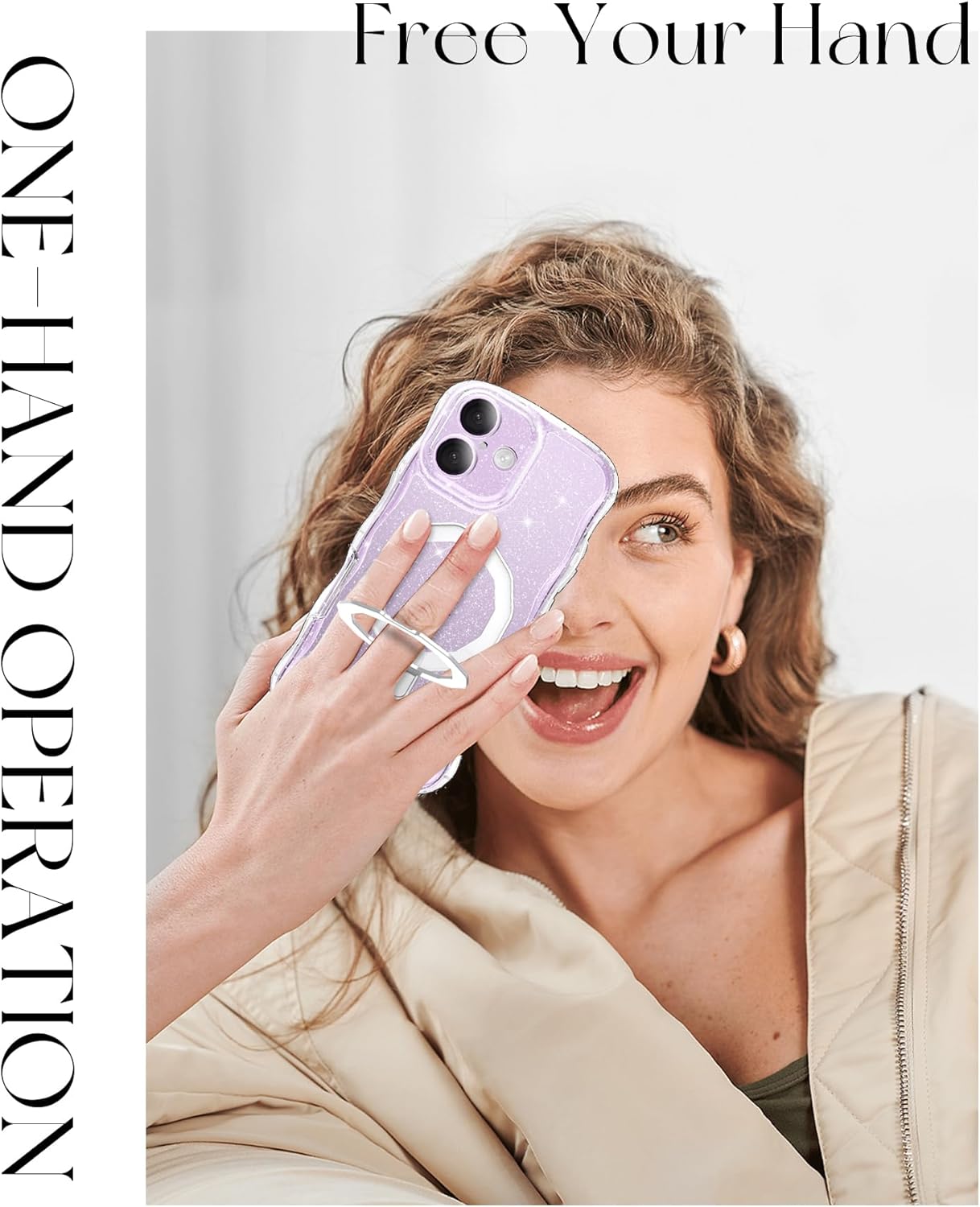 MIODIK Compatible with iPhone 17 Case with Screen Protector, Built-in Seamless Stand and Upgraded Camera Protection, [Compatible with MagSafe] Clear Glitter Wavy Phone Case for 6.3" - Clear Kickstand