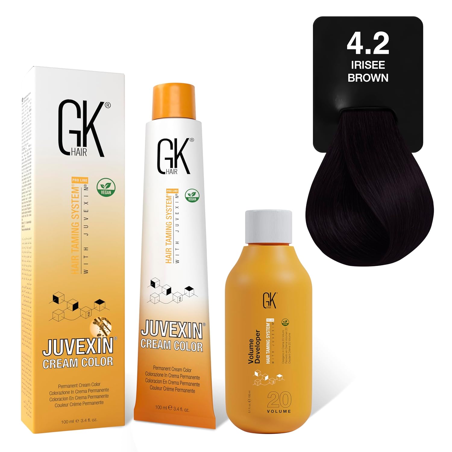 GK HAIR Global Keratin Irisee 4.2 Brown Hair Color Cream Tube (3.4 Fl Oz/100ml) + 20 Volume Developer (5 Fl Oz/150ml) - Professional Permanent Long Lasting Toner Dye