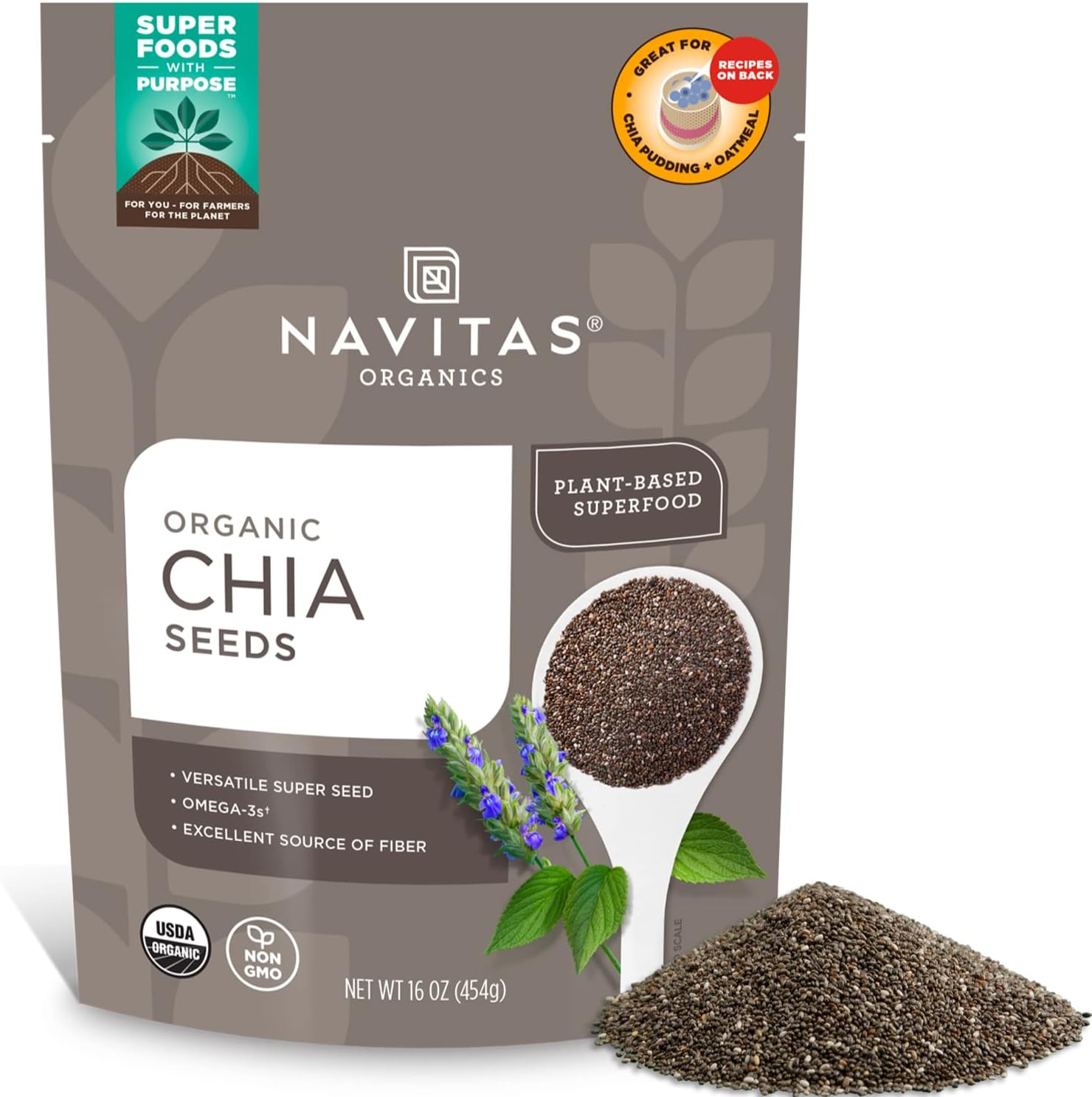 Chia Seeds – For Chia Pudding, Smoothies, Baking, Salads & More – Omega 3, Fiber, Minerals - USDA Organic, Non GMO, Kosher, Gluten Free, Keto (16oz. Bag, 15 Servings)