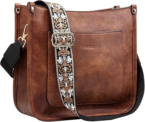 RAVUO Bolsos cruzados para mujer, bolso de hombro de cuero vegano a la moda con 2 correas ajustables Brown