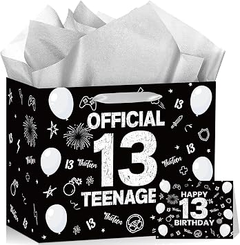 Woosytoo 13th Birthday Gift Bag for Boys Girls Teenager Happy Birthday Party Gift Bags with Wrapping Paper Greeting Card Black White 13 Year Old Bday Decorations Party Favors Supplies Decor