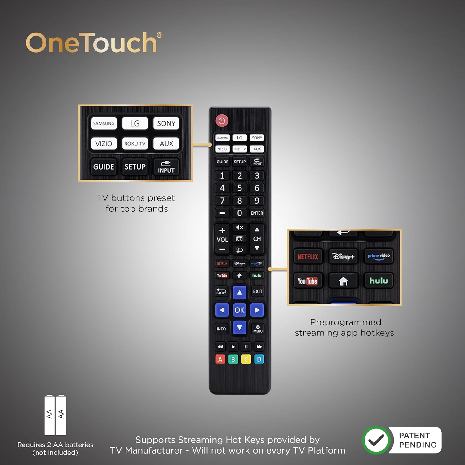 Diagram of the remote showing TV brand buttons, streaming hotkeys, and battery requirement
