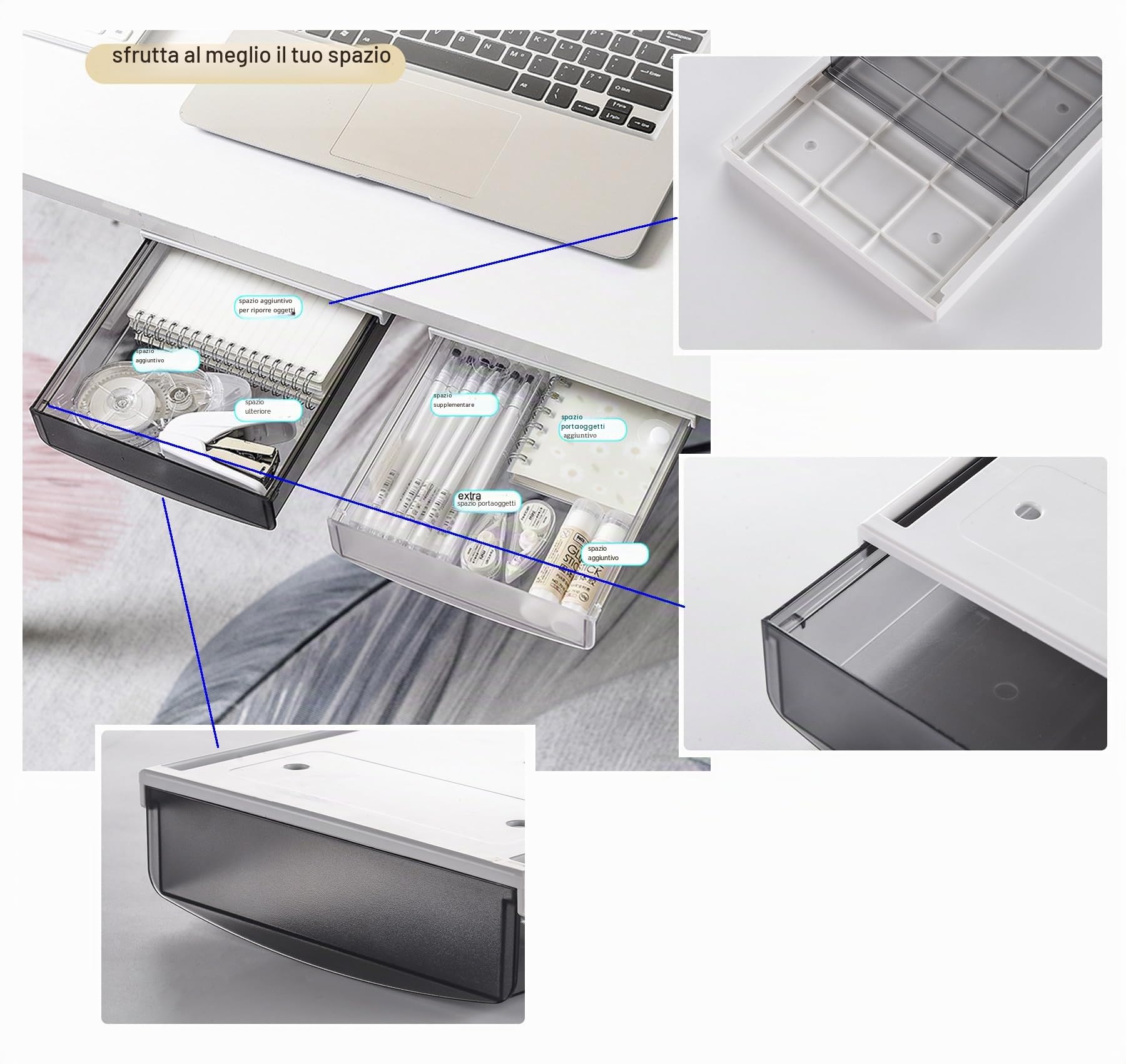 TUKA-i-AKUT 2X 1,7L Cassetti Sotto Scrivania, 21x18x5,4cmcm Autoadesivo Nascosta Cassetto Sottostruttura per Scrivania/Mobile/Libreria/Mobile da Cucina ecc. 2 Unità Glassato Traslucido TKD8608