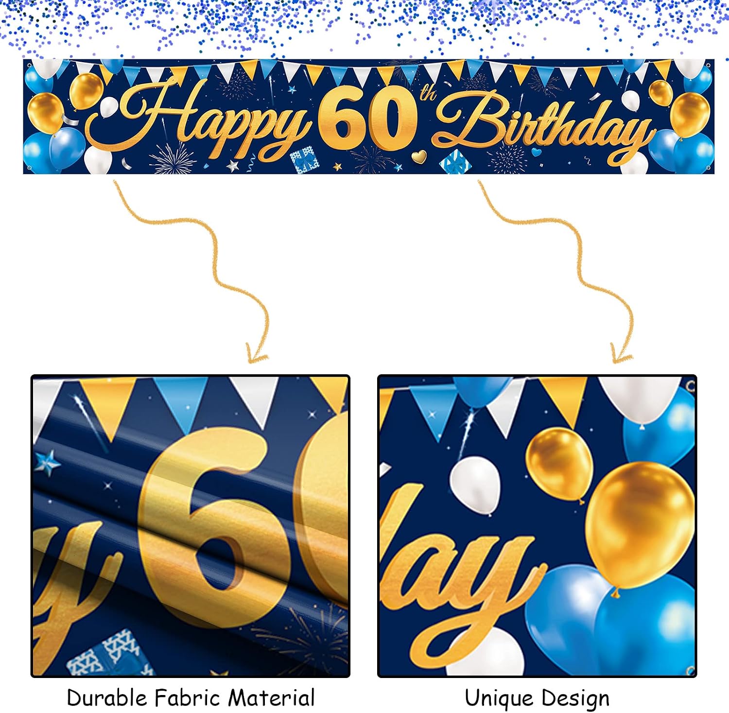 Domgoge Happy 60th Birthday Banners Navy Blue Gold, Fabric Banner , 300x50cm Yard Sign Backdrop for 60 Years Old Party - Image 5