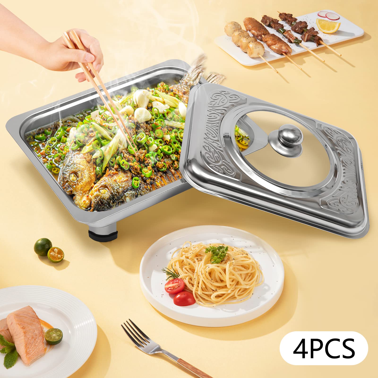 Set di 4 ciotole per buffet in acciaio inox con piedini rimovibili, 33,5 x 27,5 cm, per catering, matrimoni ed eventi (argento)
