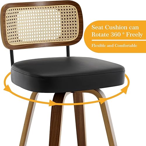 Miniatura 4 de Bekrvio Juego de 3 taburetes de bar giratorios de altura de mostrador, taburetes de bar tapizados de piel sintética con respaldo de ratán, sillas de
