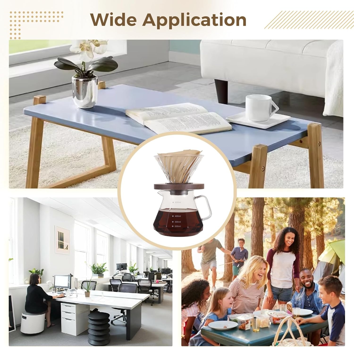 Pour Over Coffee Maker Set, 20 oz Glass Coffee Pot with Lid, Filter Cup, 100 Paper Filters, Glass Coffee Bottle for Home Camping