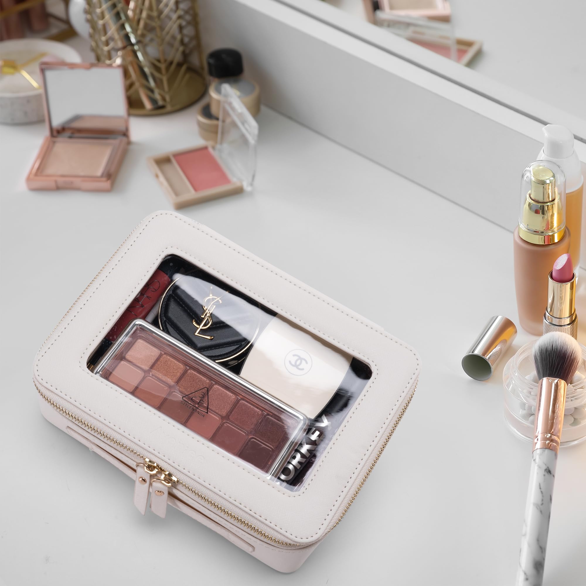 Aveniee Large Makeup Bag Cosmetic bags, Travel Toiletry Bag for Women, Clear Make up Bag Case, Chic Makeup Pouch with Transparent Vinyl Windows & Gold Zippers(White)