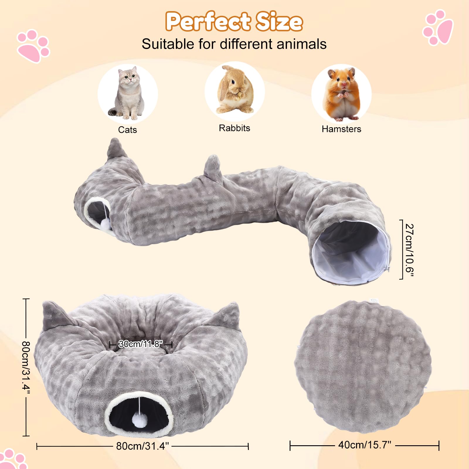 Tunnel per Gatti, Tunnel Gatto e Cuccia 2 in 1 con Giocattoli Pendenti, Tunnel Gatto con 2 Ingressi, Cuscino Circolare Lavabile, Tubo per Gatti Gioco Pieghevole per Gattini/Cuccioli/Conigli