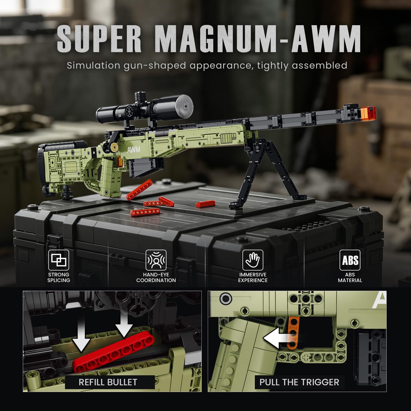 Reobrix AWM 77026 Set de bloques de construcción para adultos, Set de bloques de construcción de rifle AWM, juguete modelo de arma de fuego, armas de juguete militares, regalo para fans militares