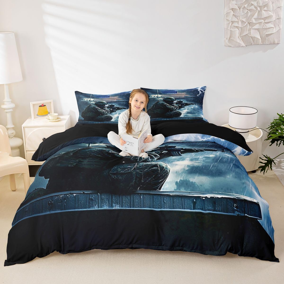 Erosebridal Camo Soldier Bedding Set Twin for Boys Teen Military Camouflage Vintage American Flag Comforter Cover Blue Lightning Retro USA National Flag Duvet Cover for Adult Kids Men Bedroom Decor