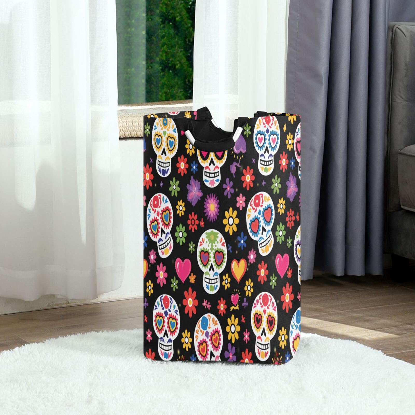 Jihqo Laundry Hamper Basket Sugar Skull Mexican Flower Collapsible Nursery Storage Bin Waterproof Clothing Baskets for Home Bedroom Bathroom Washing Room