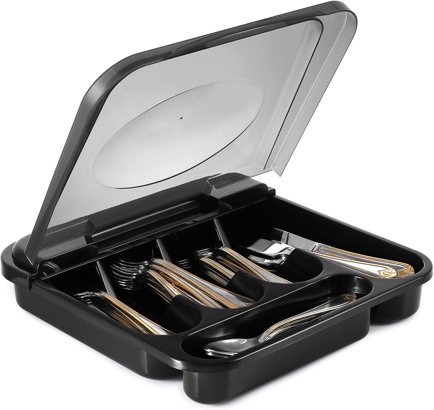 Flatware Plastic Tray with Hinged Lid, Kitchen Cutlery and Utensil Holder Organizer, 5 Compartment Silverware Storage Bin with Attached Cover Top